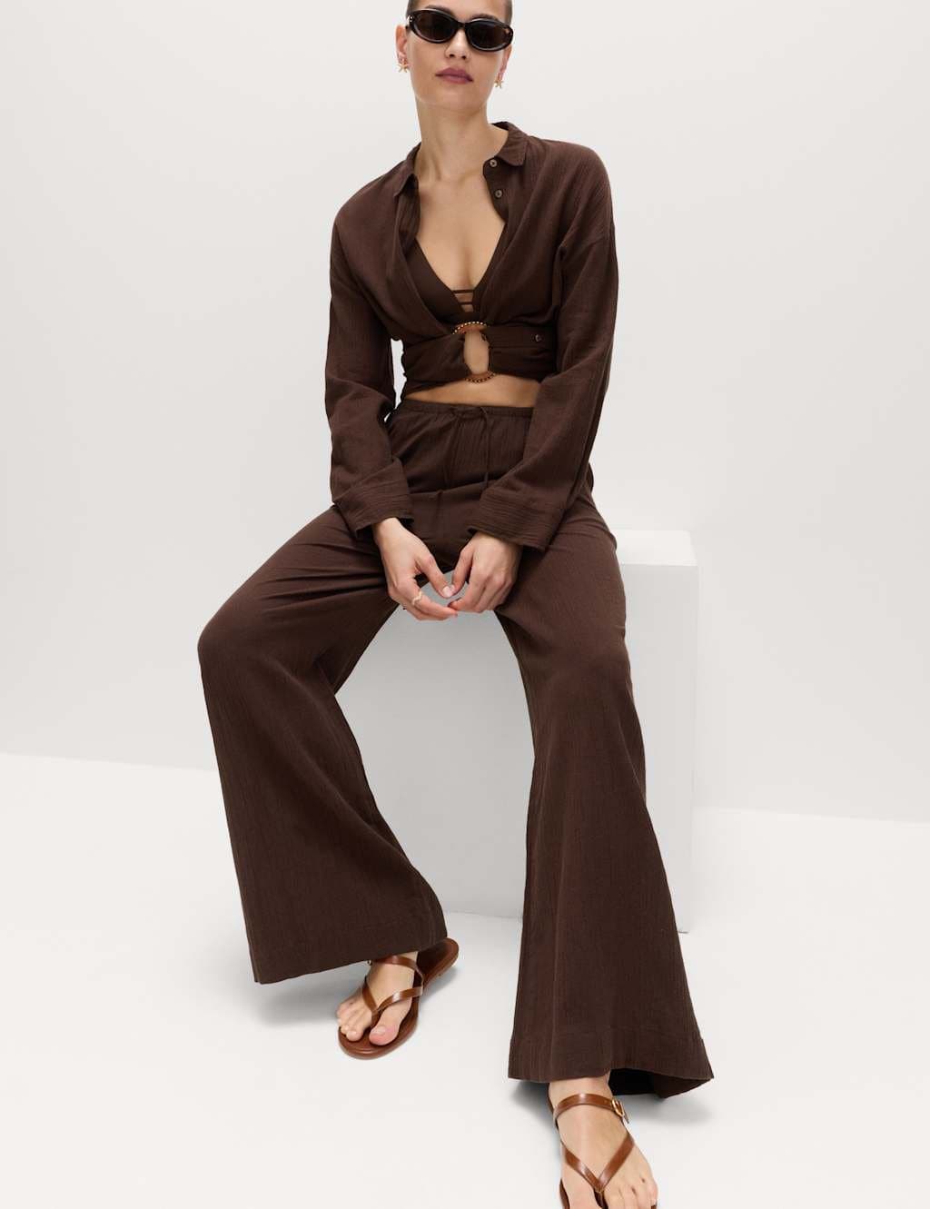 Marks & Spencer M&S Cotton Rich Beach Trousers with Linen Peat