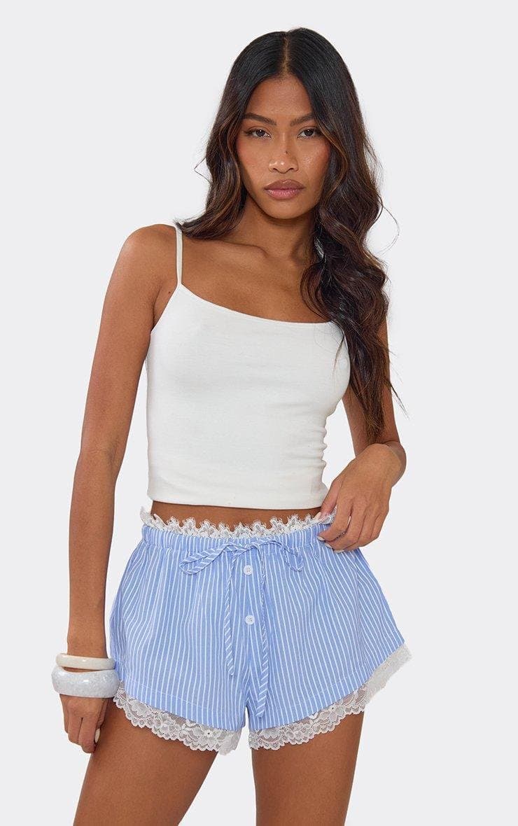 EGO Drawstring Waist Lace Trim Poplin Shorts In Blue Pinstripe, Women's Size UK 6 - 2
