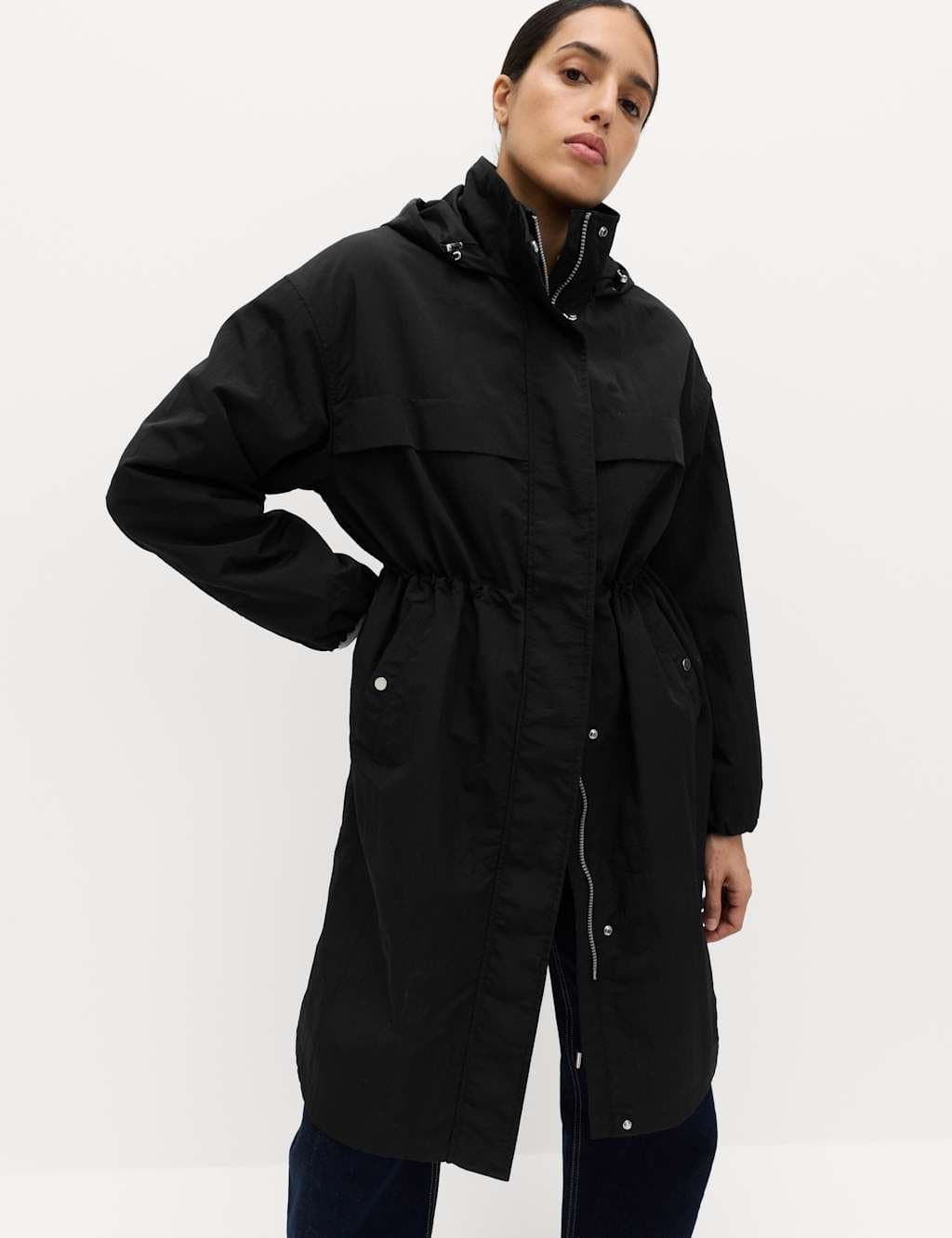 Marks & Spencer M&S Shower Resistant Lightweight Hooded Longline Utility Parka Black