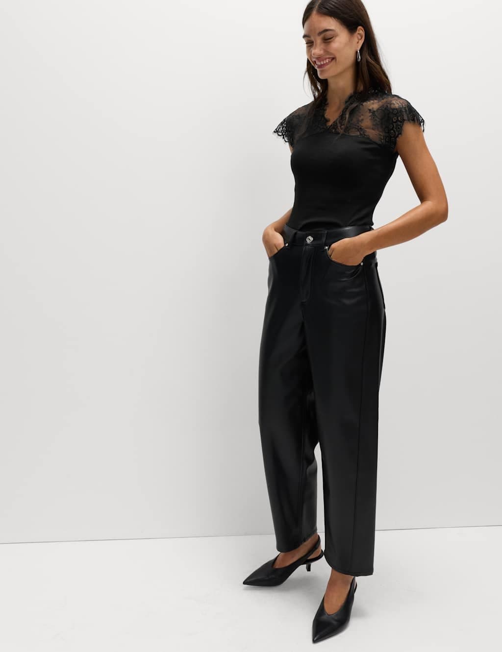 Marks & Spencer M&S Pure Cotton Lace Insert V-Neck Top Black - 2