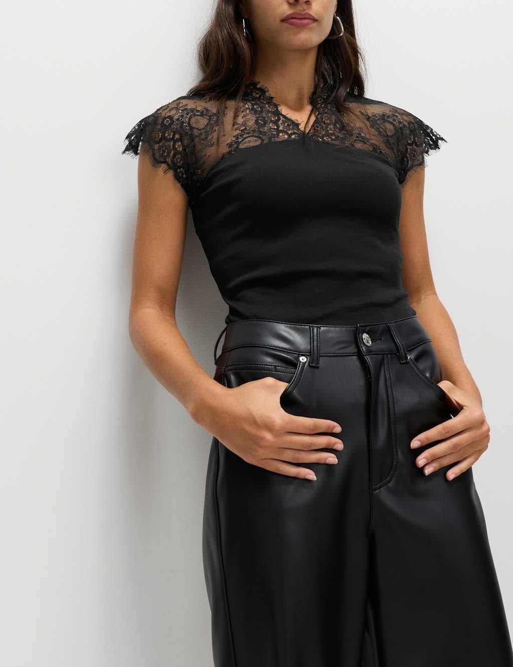 Marks & Spencer M&S Pure Cotton Lace Insert V-Neck Top Black - 3