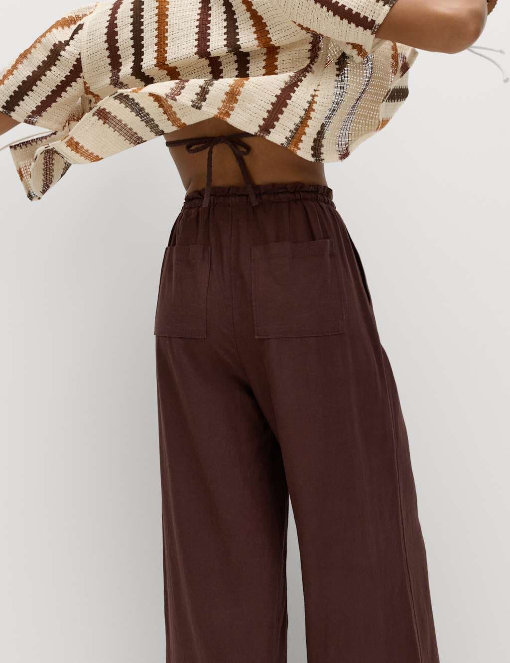 Marks & Spencer M&S Linen Rich Drawstring Wide Leg Trousers Brown - 5