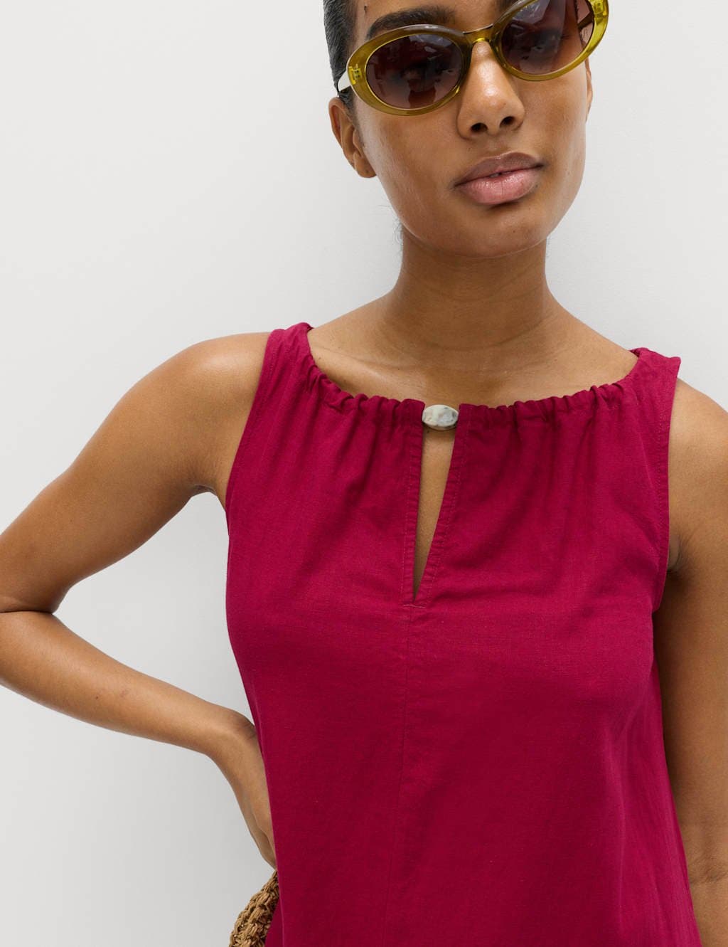 Marks & Spencer M&S Linen Rich Bead Detail Maxi Shift Dress Raspberry - 4