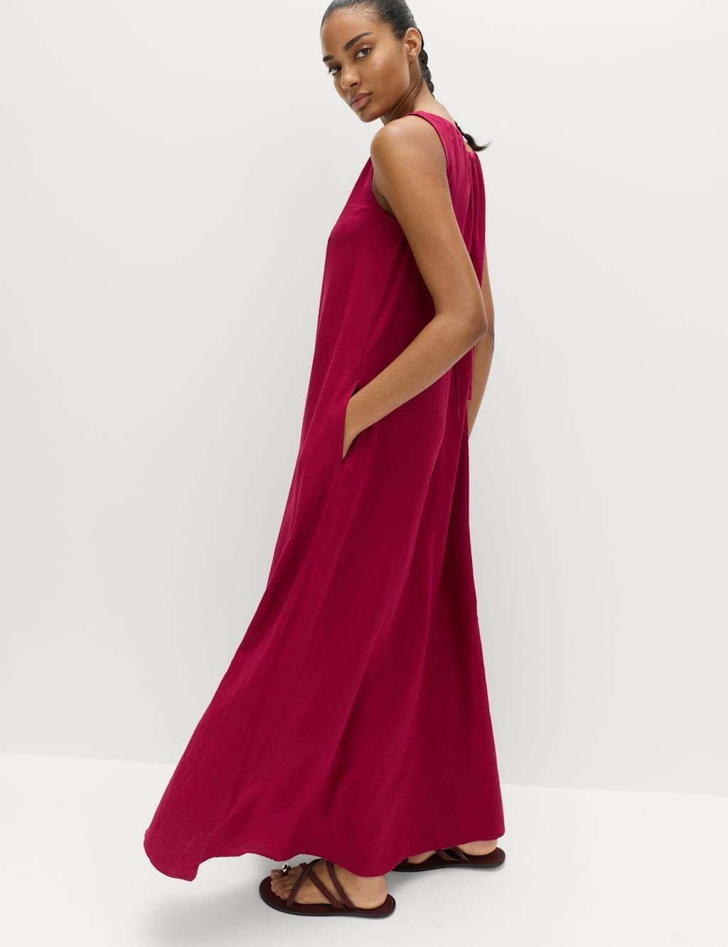 Marks & Spencer M&S Linen Rich Bead Detail Maxi Shift Dress Raspberry - 5