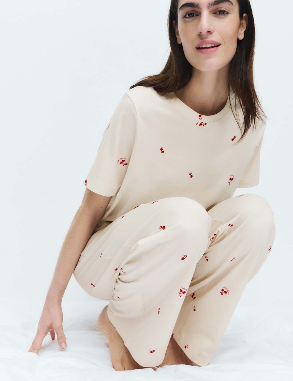 Marks & Spencer M&S Pure Cotton Printed Pyjama Set Ivory Mix