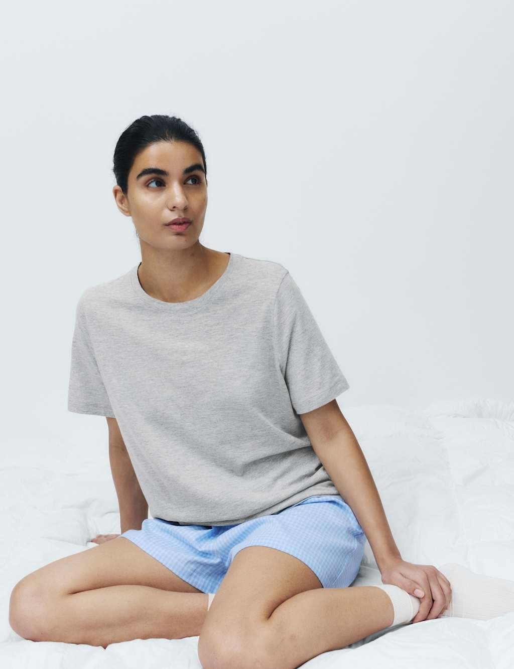 Marks & Spencer M&S Cotton Rich Printed Shortie Set Grey Mix