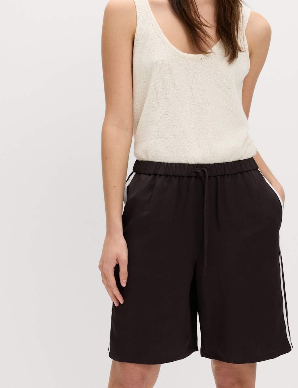 Marks & Spencer M&S Side Stripe Longline Shorts with Linen Chocolate - 2