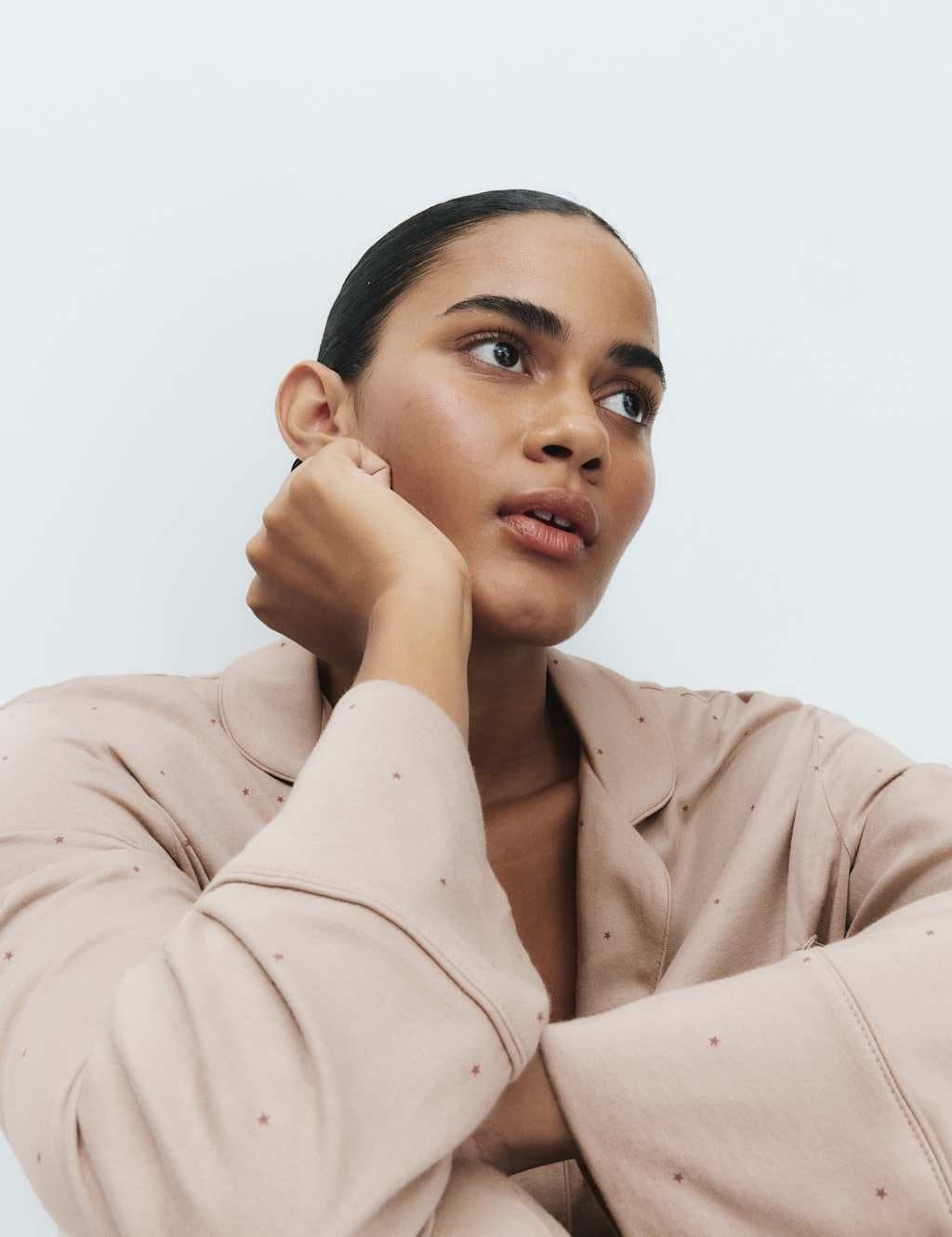 Marks & Spencer M&S Cotton Modal Printed Revere Pyjama Set Fawn - 3