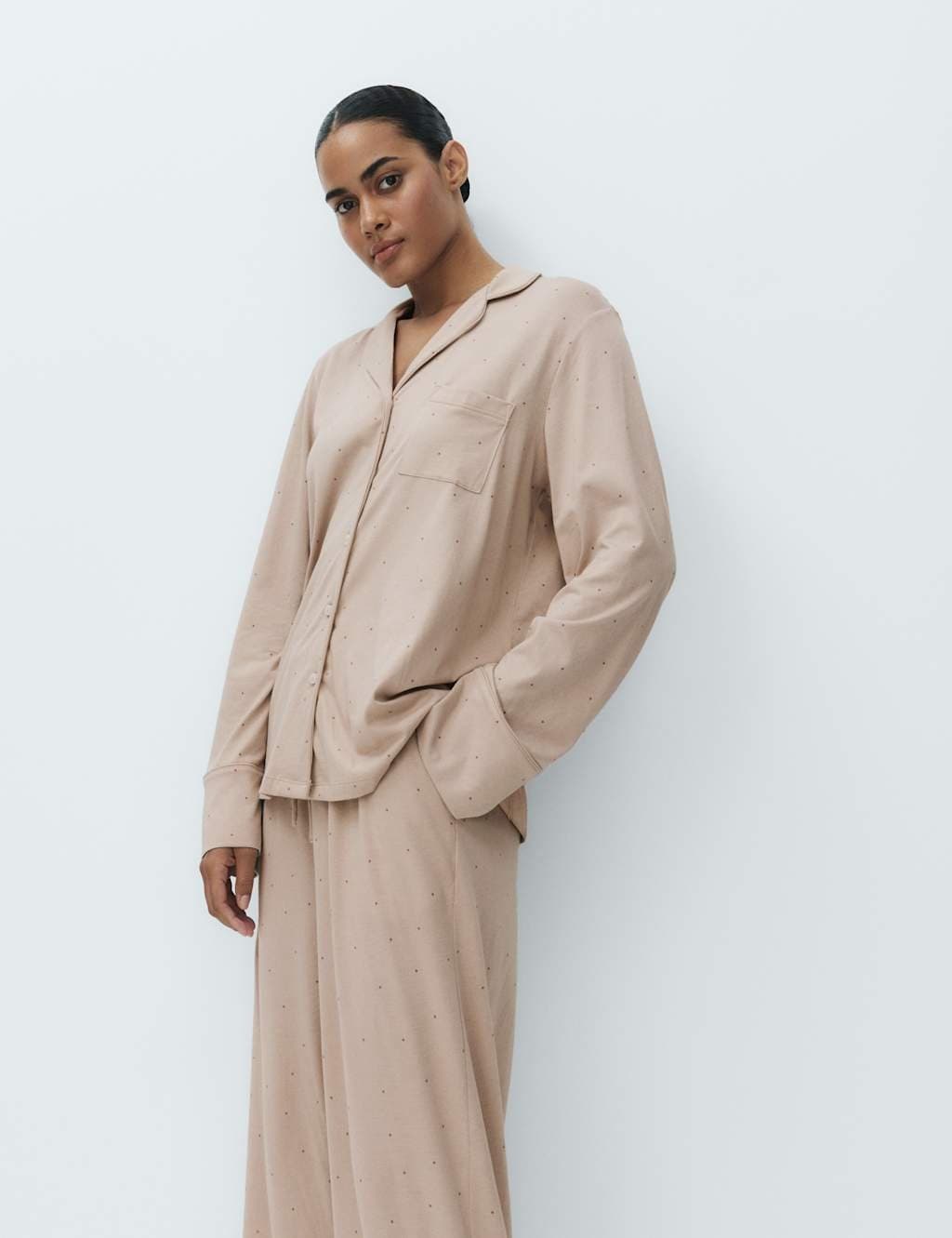 Marks & Spencer M&S Cotton Modal Printed Revere Pyjama Set Fawn - 5