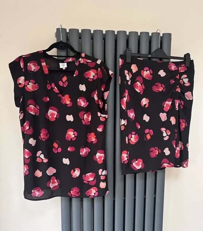 CAbi Cabi Black & Pink Floral Petal Co-Ord Set | 2-Piece Matching Suit | Size M (UK 10)