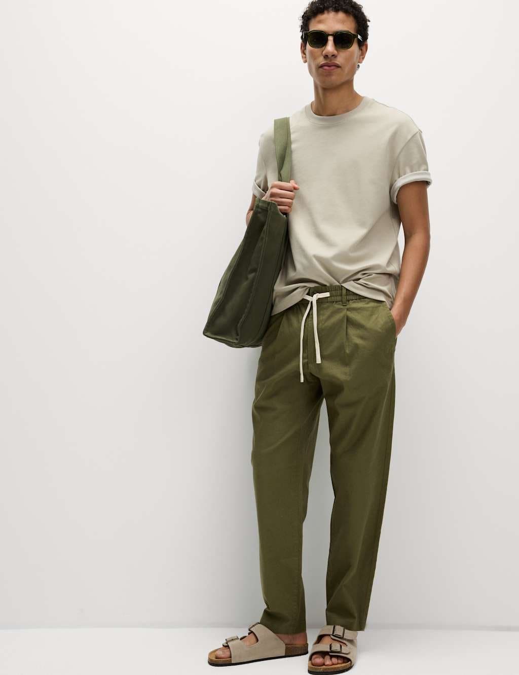 Marks & Spencer M&S Tapered Fit Cotton Linen Blend Elasticated Trousers Khaki