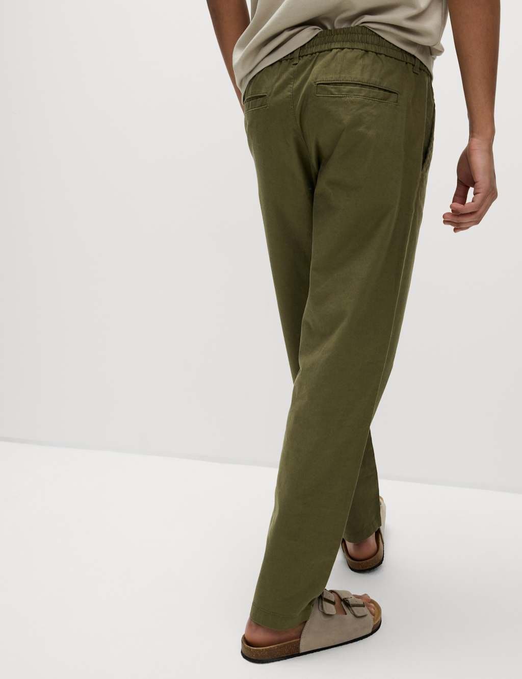 Marks & Spencer M&S Tapered Fit Cotton Linen Blend Elasticated Trousers Khaki - 3