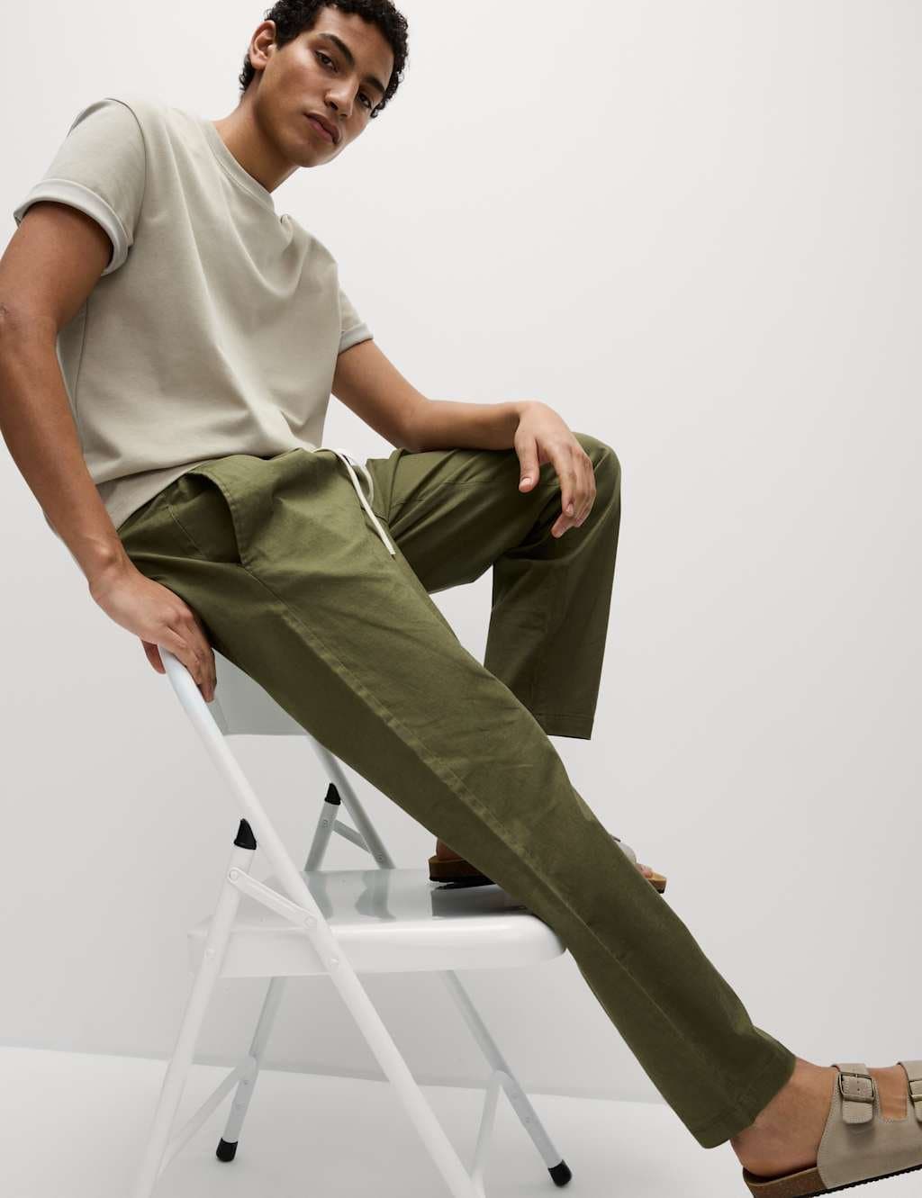 Marks & Spencer M&S Tapered Fit Cotton Linen Blend Elasticated Trousers Khaki - 4