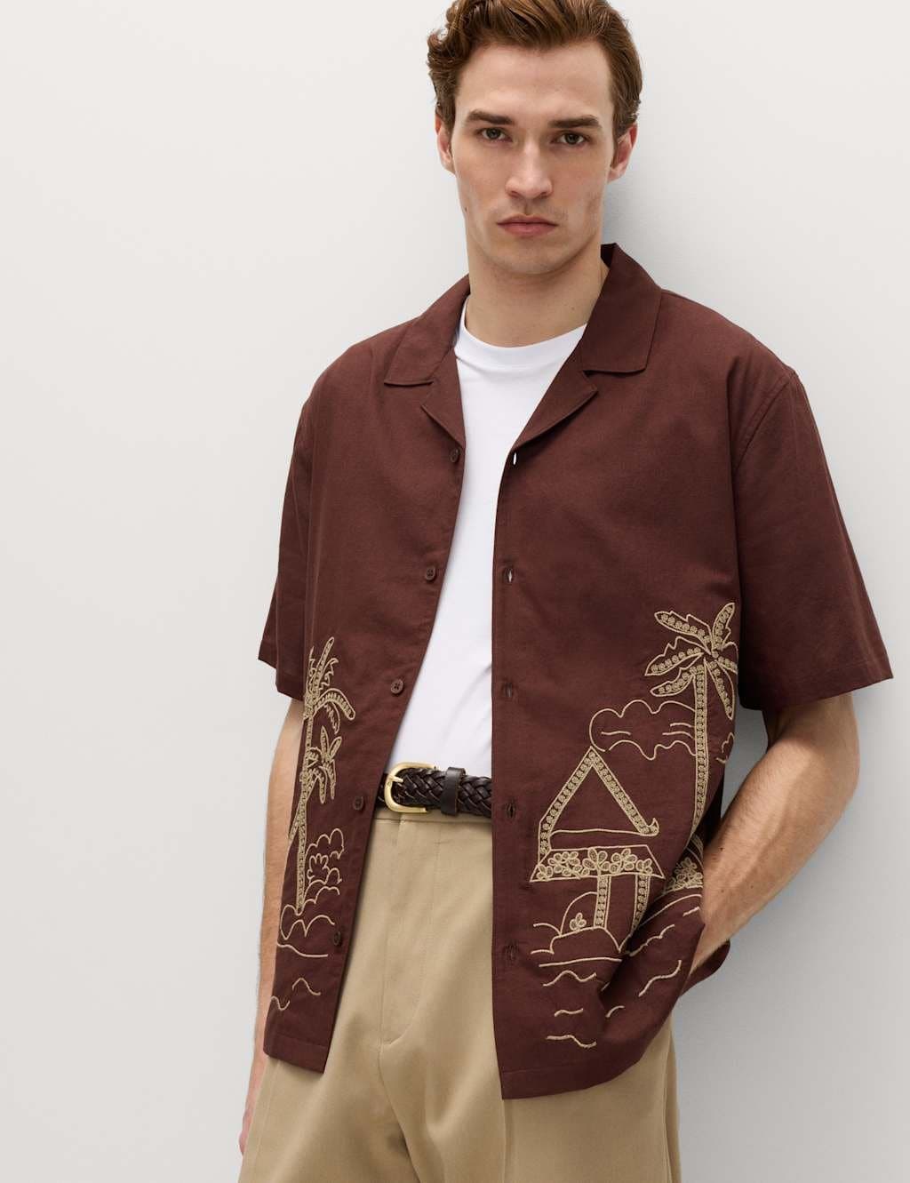 Marks & Spencer M&S Regular Fit Embroidered Short Sleeve Shirt Sable