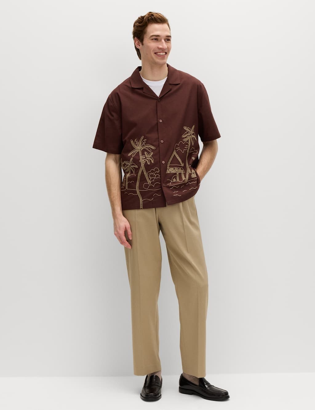 Marks & Spencer M&S Regular Fit Embroidered Short Sleeve Shirt Sable - 4