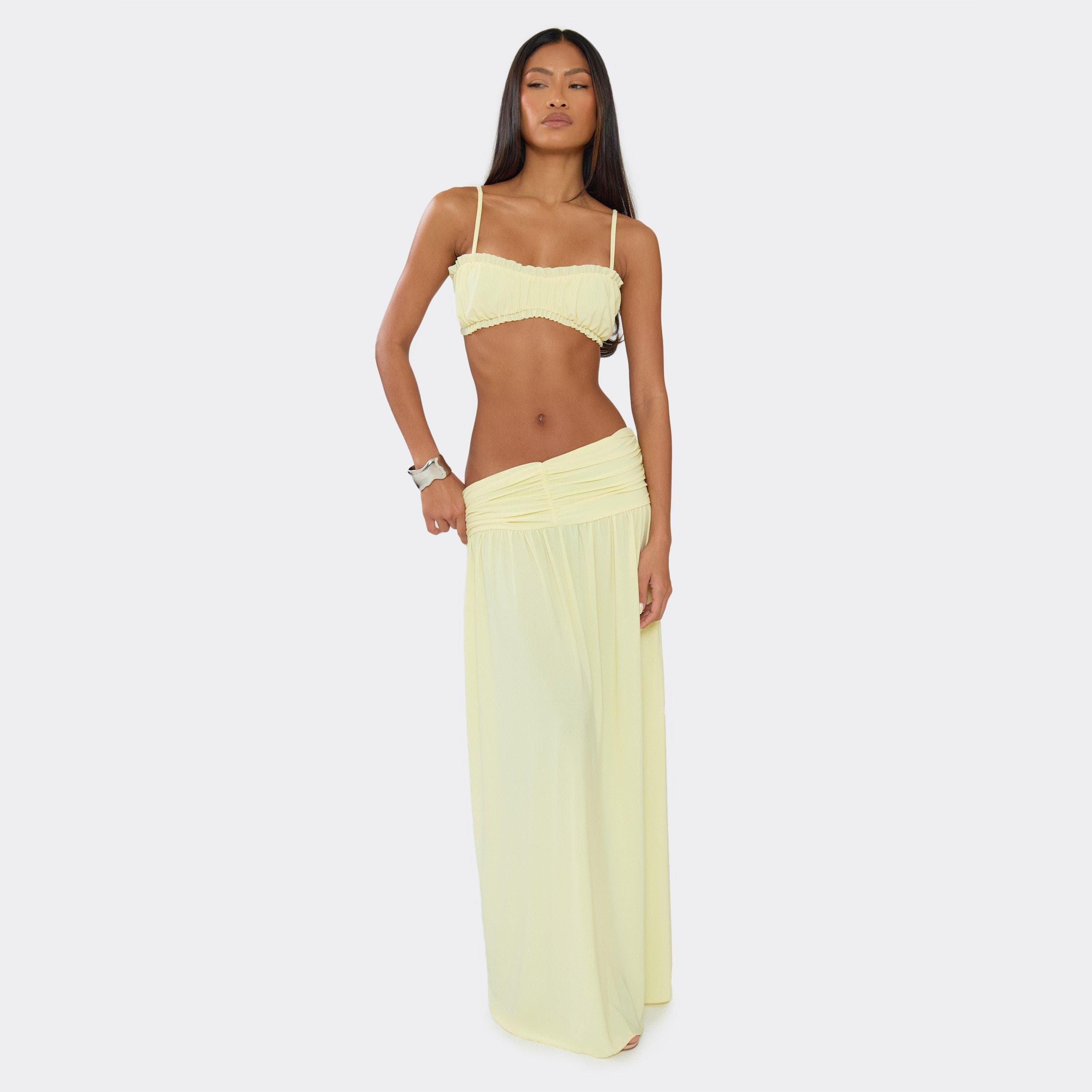 EGO Mid Waist Ruched Waistband Maxi Skirt In Lemon, Women's Size UK 12