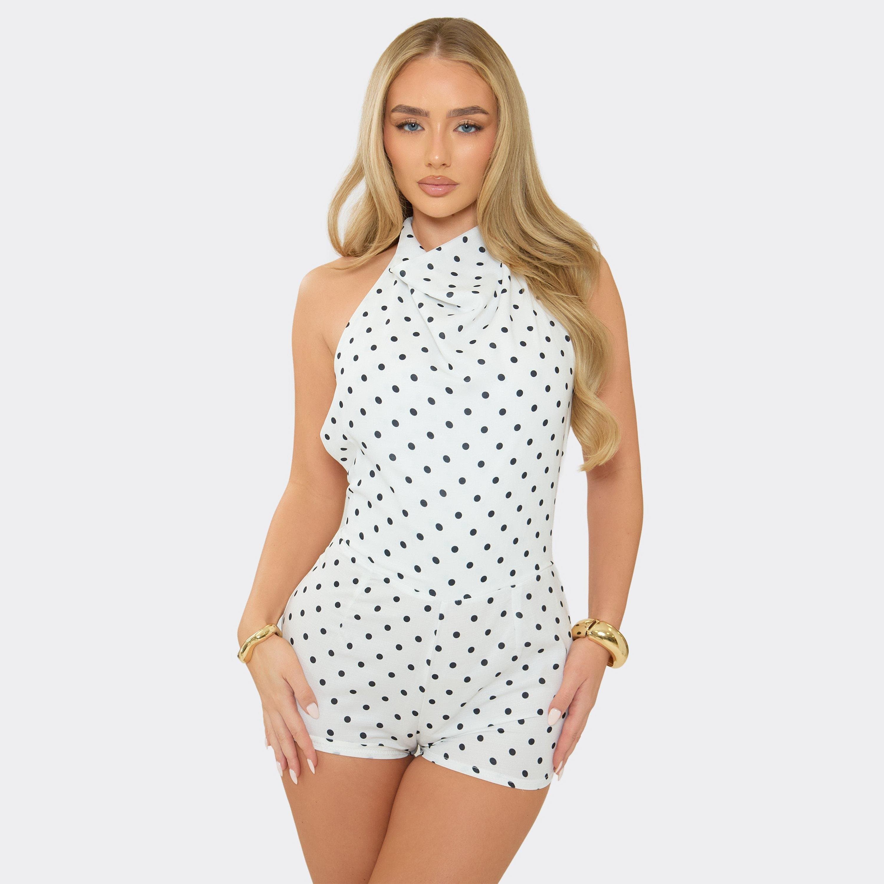 EGO High Cowl Neck Tie Back Playsuit In White Polka Dot, Women's Size UK 6
