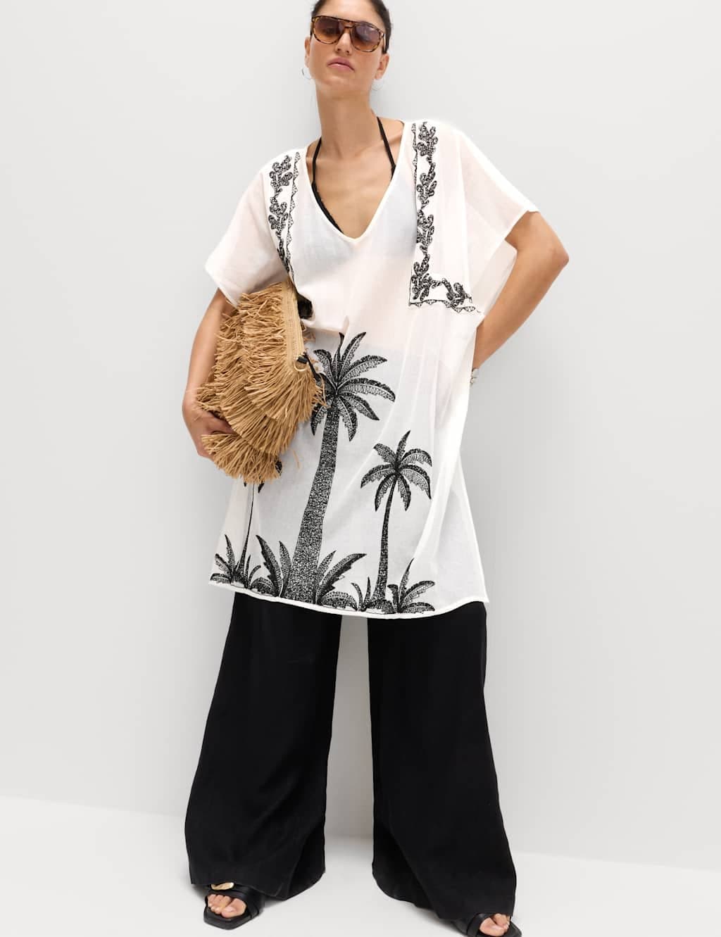 Marks & Spencer M&S Cotton Rich Embroidered Mini Kaftan Dress Black Mix