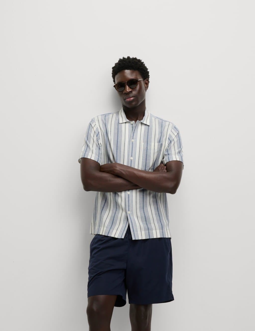 Marks & Spencer M&S Easy Iron Pure Cotton Striped Shirt Blue Mix