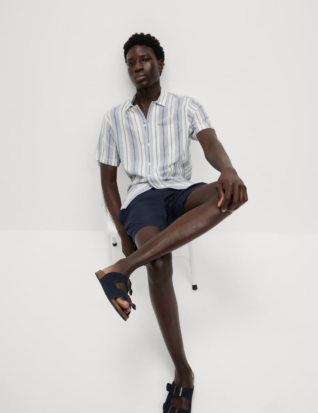 Marks & Spencer M&S Easy Iron Pure Cotton Striped Shirt Blue Mix - 5