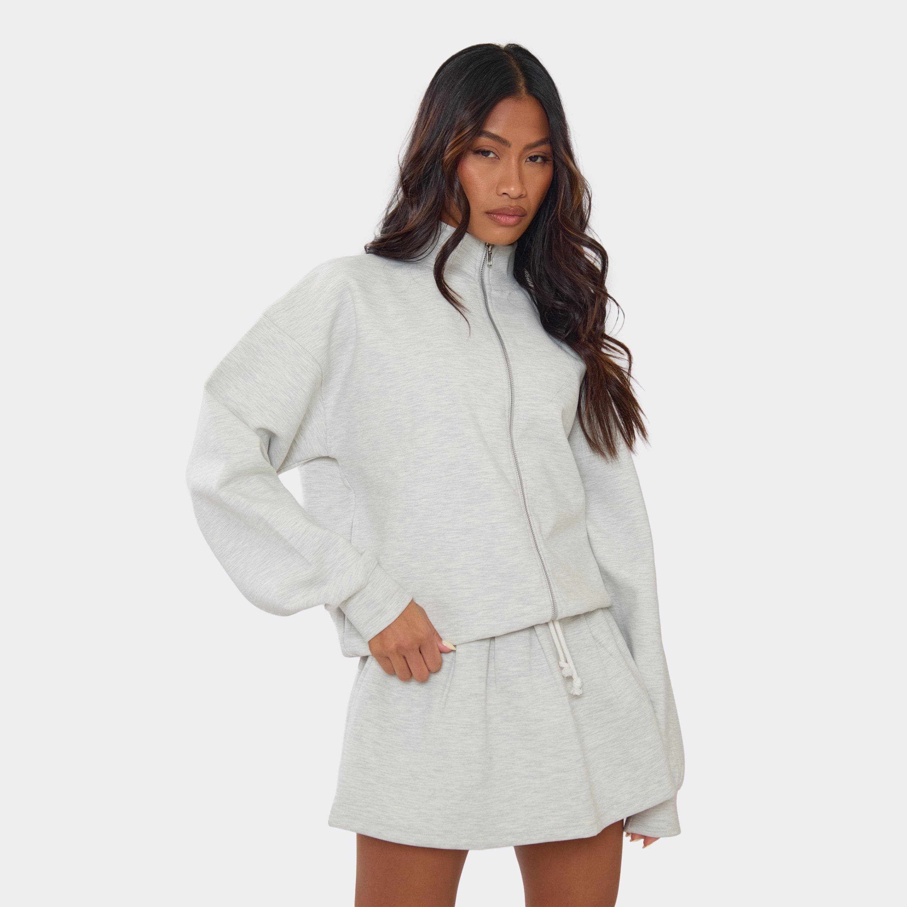 EGO Double Zip Oversized Funnel Neck Jacket In Light Grey Marl Interlock, Women's Size UK 6