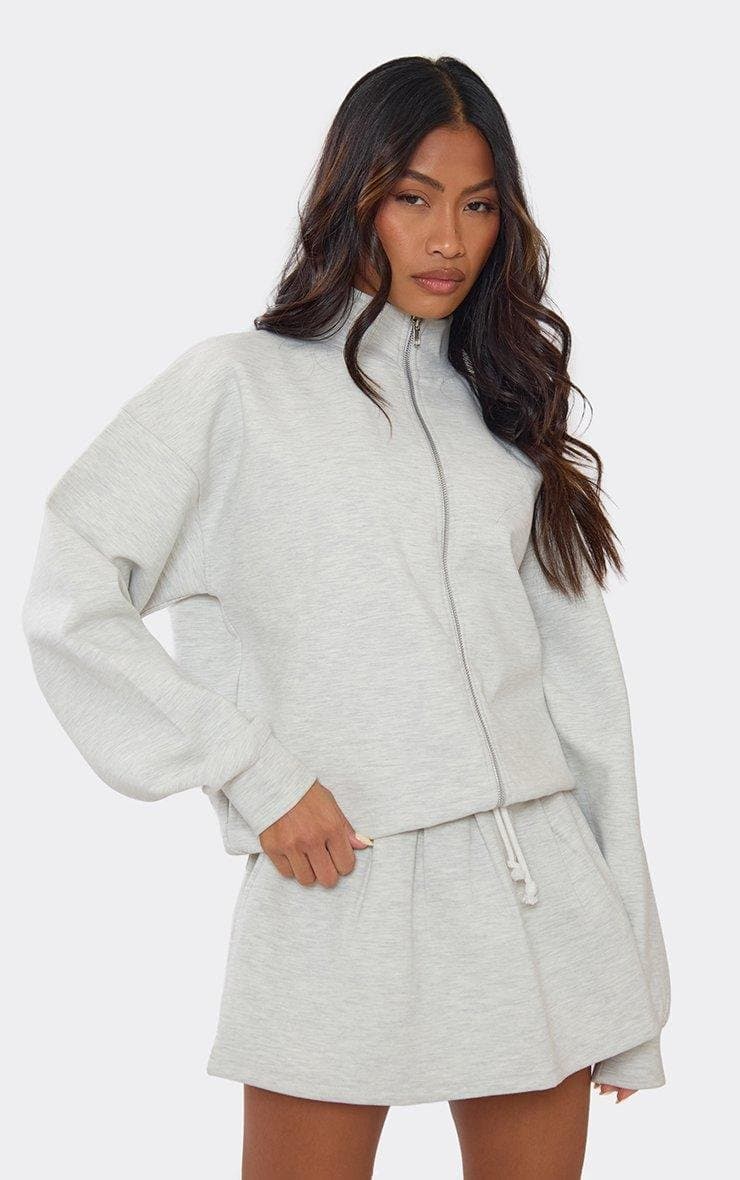 EGO Double Zip Oversized Funnel Neck Jacket In Light Grey Marl Interlock, Women's Size UK 6 - 2
