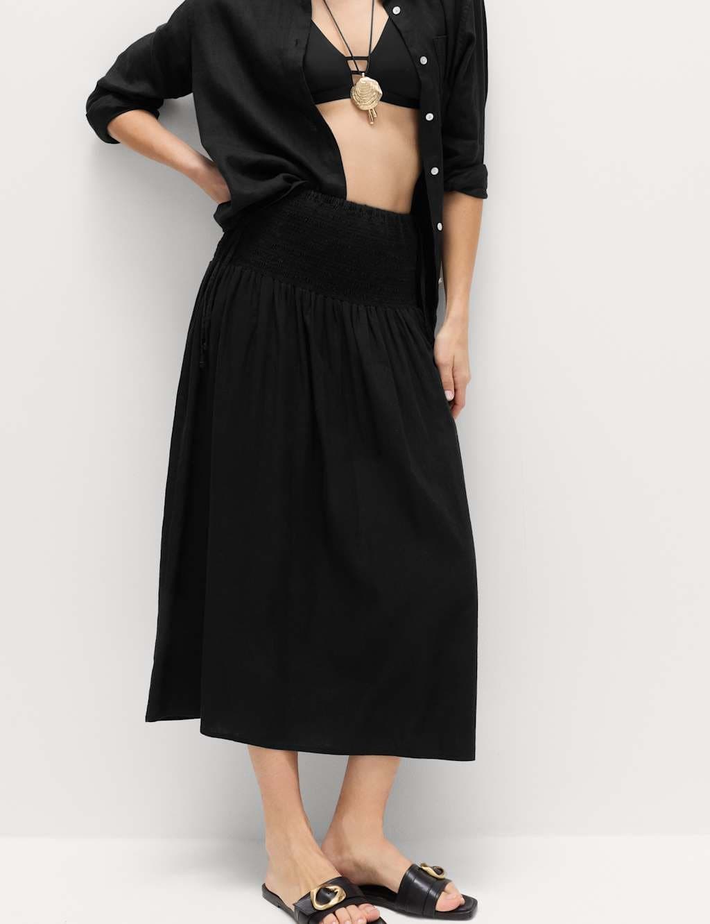 Marks & Spencer M&S Linen Rich Shirred Tie Detail Maxi Skirt Black