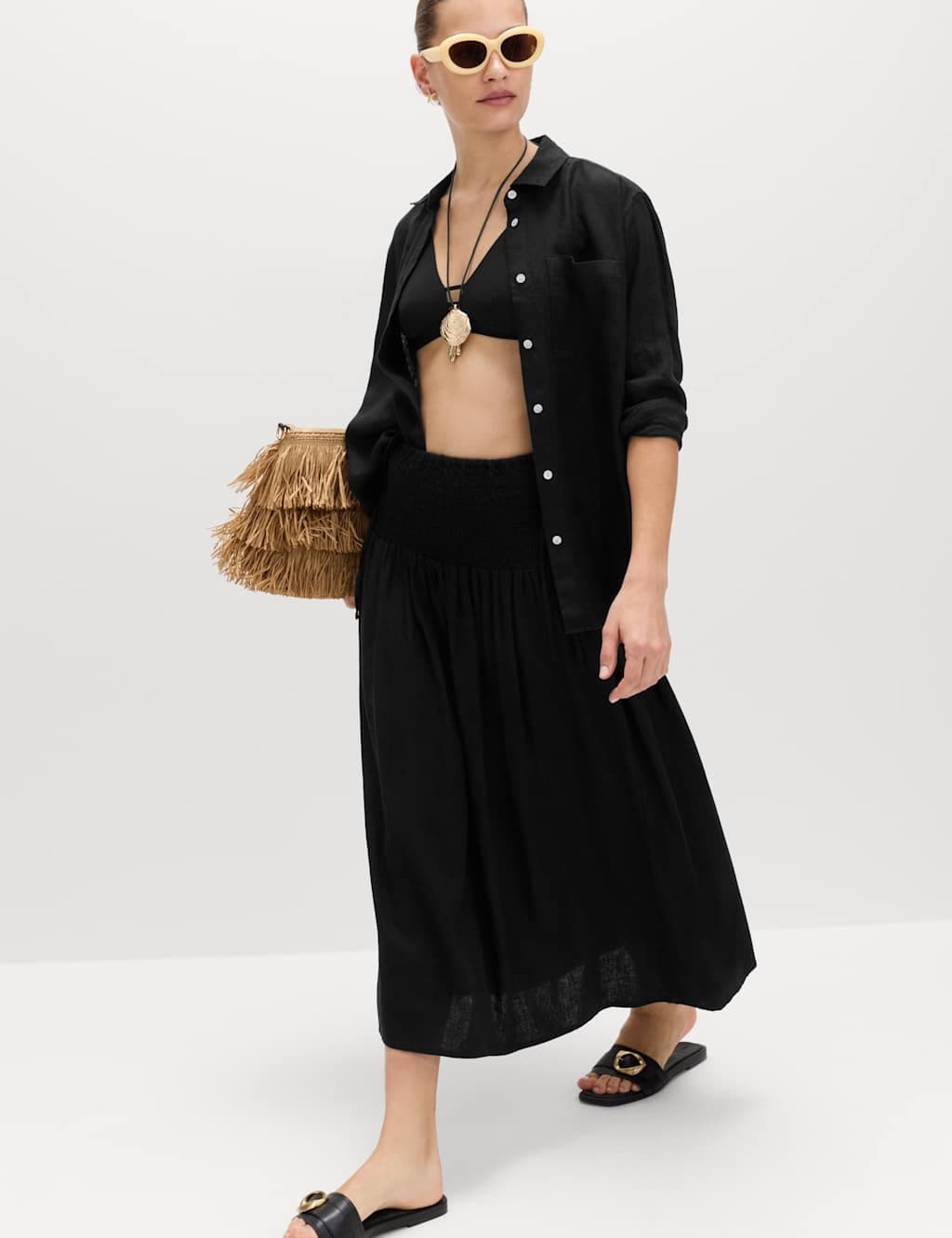 Marks & Spencer M&S Linen Rich Shirred Tie Detail Maxi Skirt Black - 2