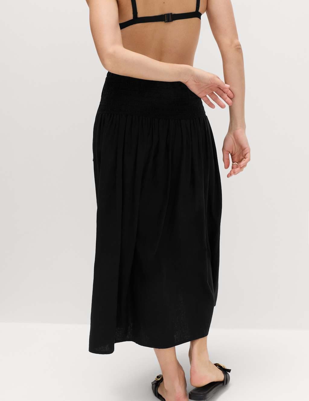 Marks & Spencer M&S Linen Rich Shirred Tie Detail Maxi Skirt Black - 4