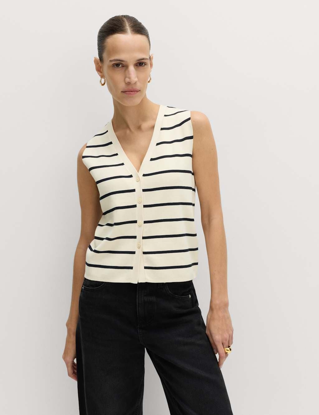 Marks & Spencer M&S Striped V-Neck Cropped Knitted Waistcoat Ivory Mix - 3