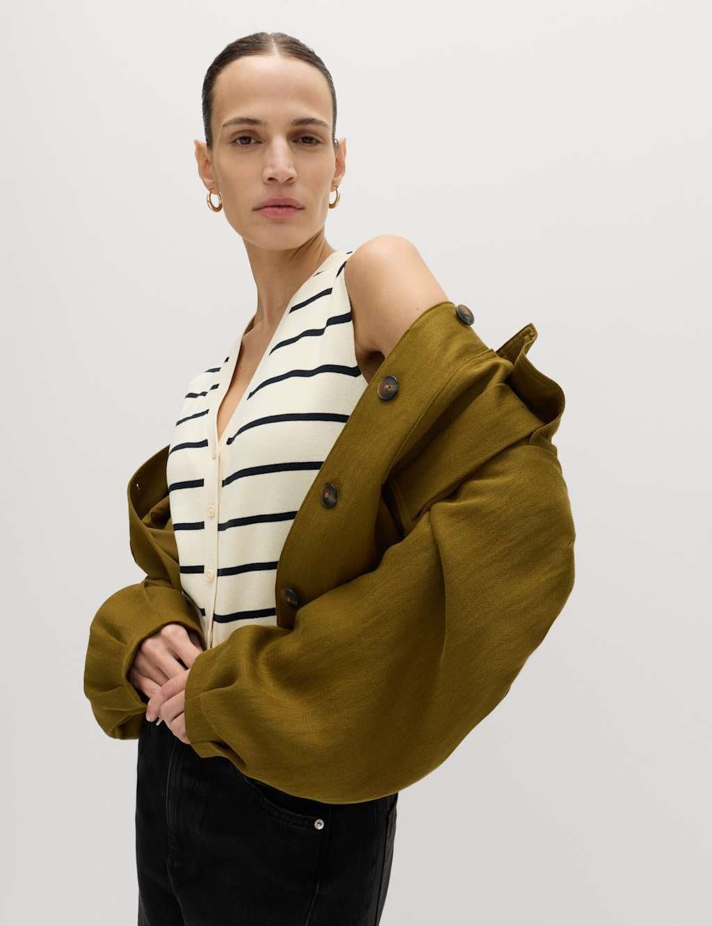 Marks & Spencer M&S Striped V-Neck Cropped Knitted Waistcoat Ivory Mix - 5