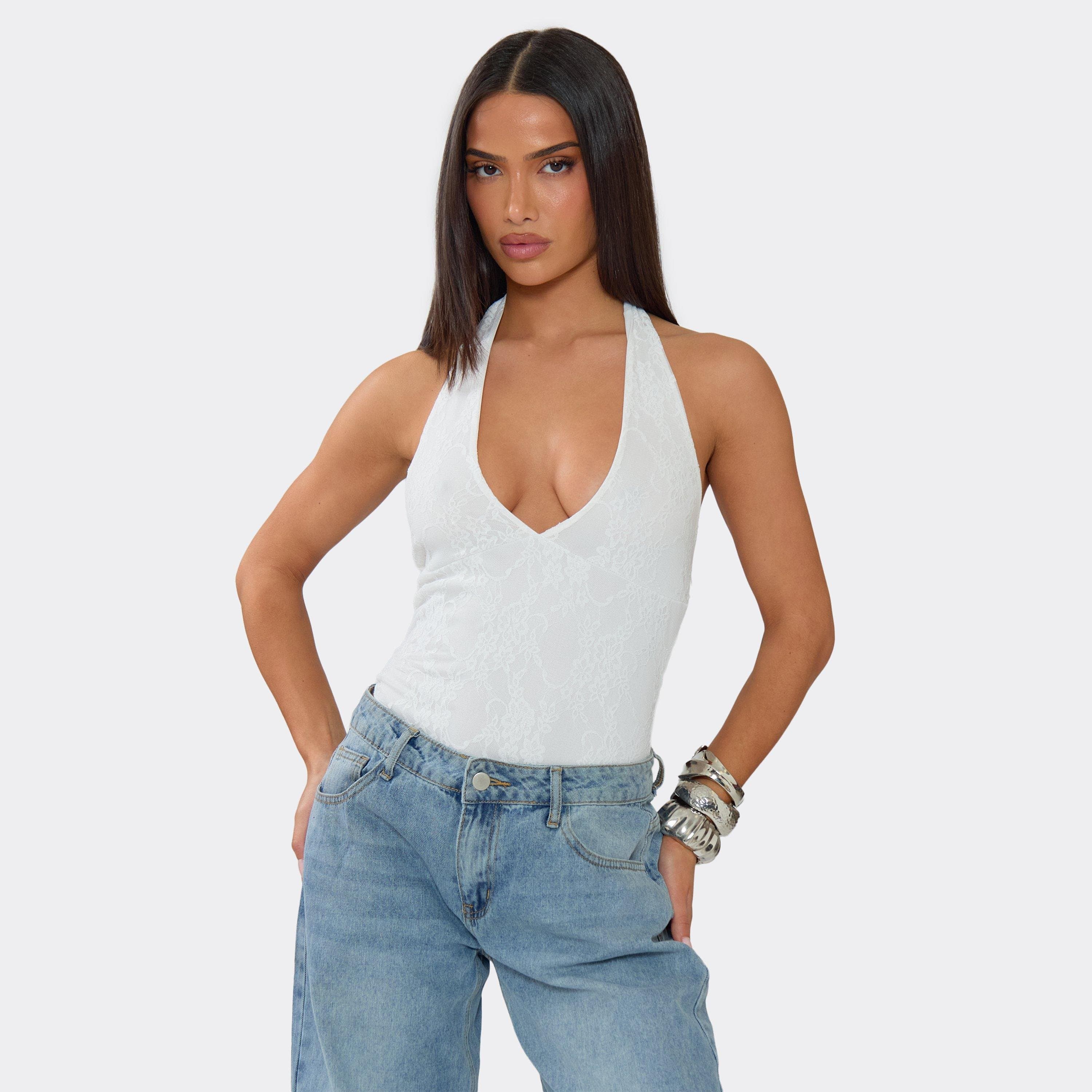 EGO Plunge Neck Bodysuit In White Lace, Women's Size UK 6