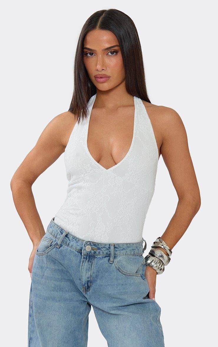 EGO Plunge Neck Bodysuit In White Lace, Women's Size UK 6 - 2