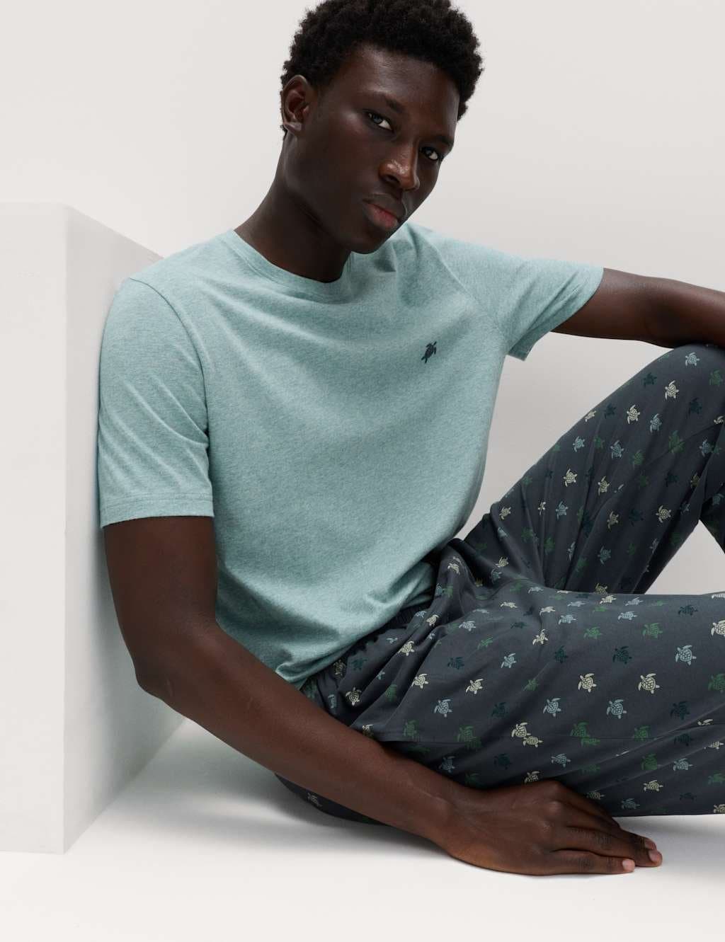 Marks & Spencer M&S Pure Cotton Turtle Print Pyjama Set Teal Mix - 5