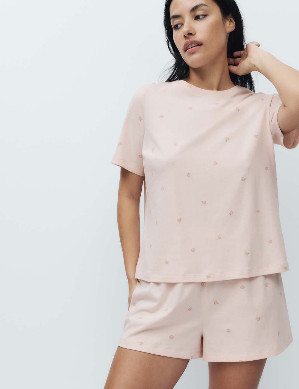 Marks & Spencer M&S Cotton Rich Printed Shortie Set Peach