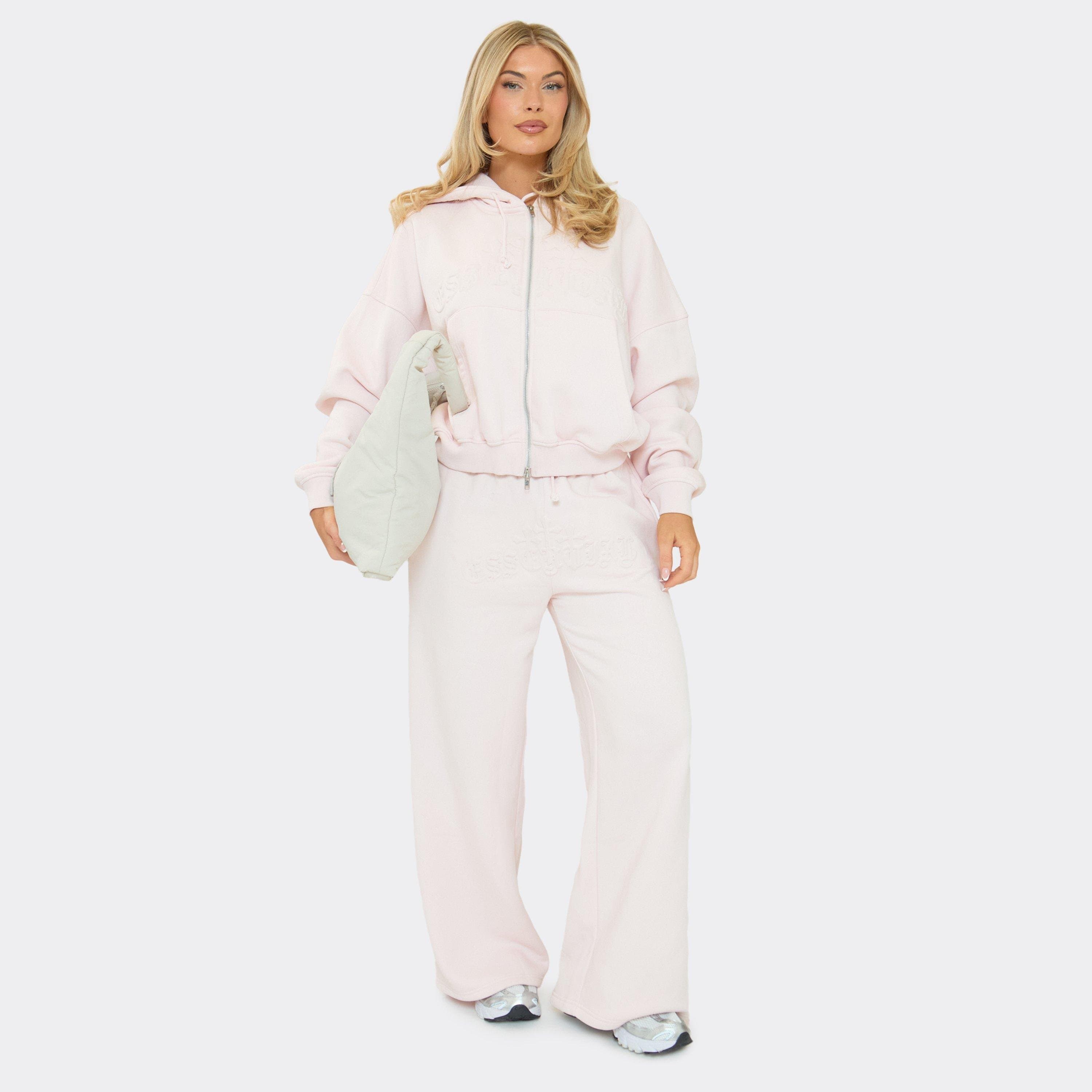 EGO Drawstring Waist Embossed Graphic Detail Wide Leg Joggers In Pink, Women's Size UK 6