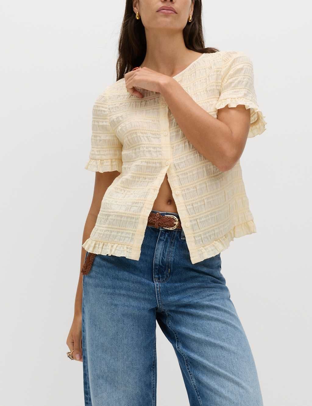 Marks & Spencer M&S Collarless Shirred Button Through Top Soft Yellow