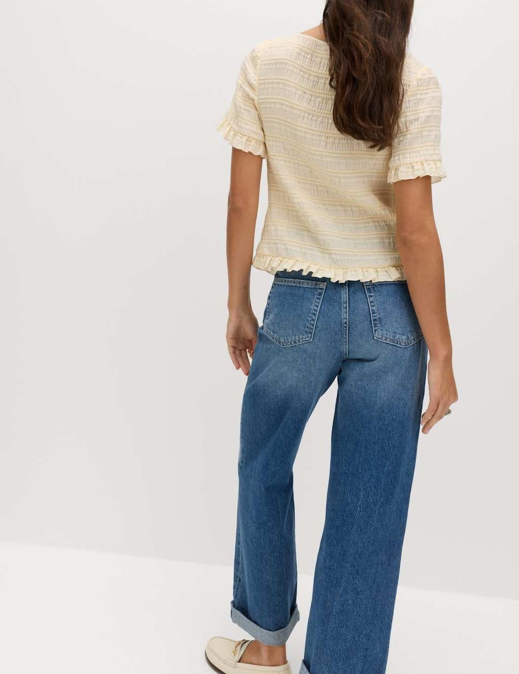 Marks & Spencer M&S Collarless Shirred Button Through Top Soft Yellow - 3