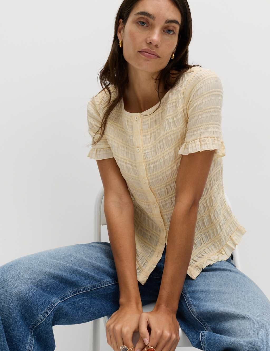 Marks & Spencer M&S Collarless Shirred Button Through Top Soft Yellow - 4