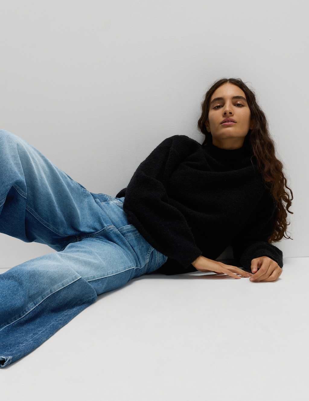 Marks & Spencer M&S Two Toned Slouchy Wide Leg Jeans Light Indigo Mix - 2