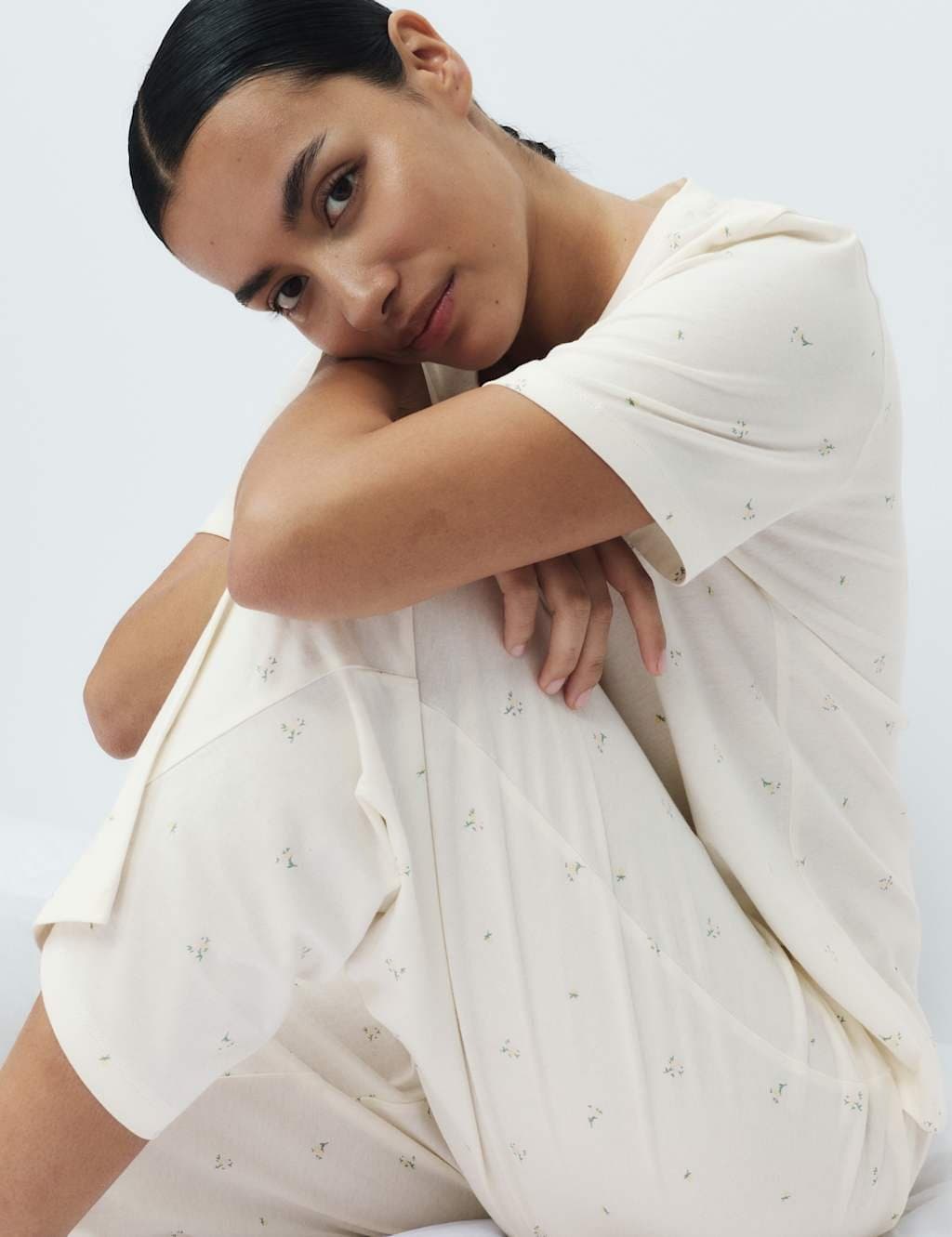 Marks & Spencer M&S Pure Cotton Printed Cropped Pyjama Set Ivory Mix