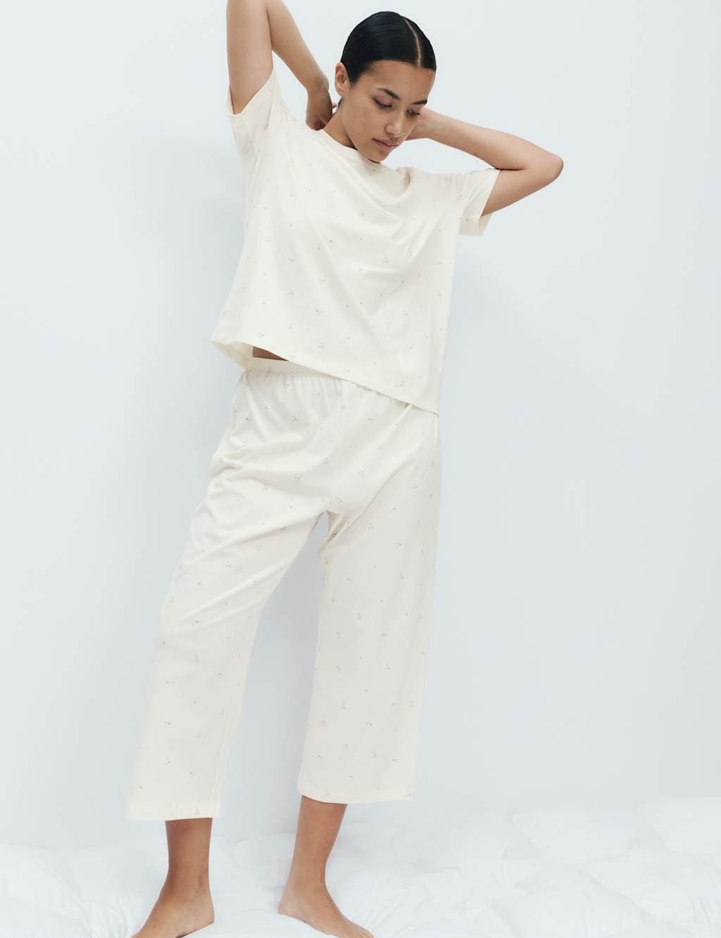 Marks & Spencer M&S Pure Cotton Printed Cropped Pyjama Set Ivory Mix - 2