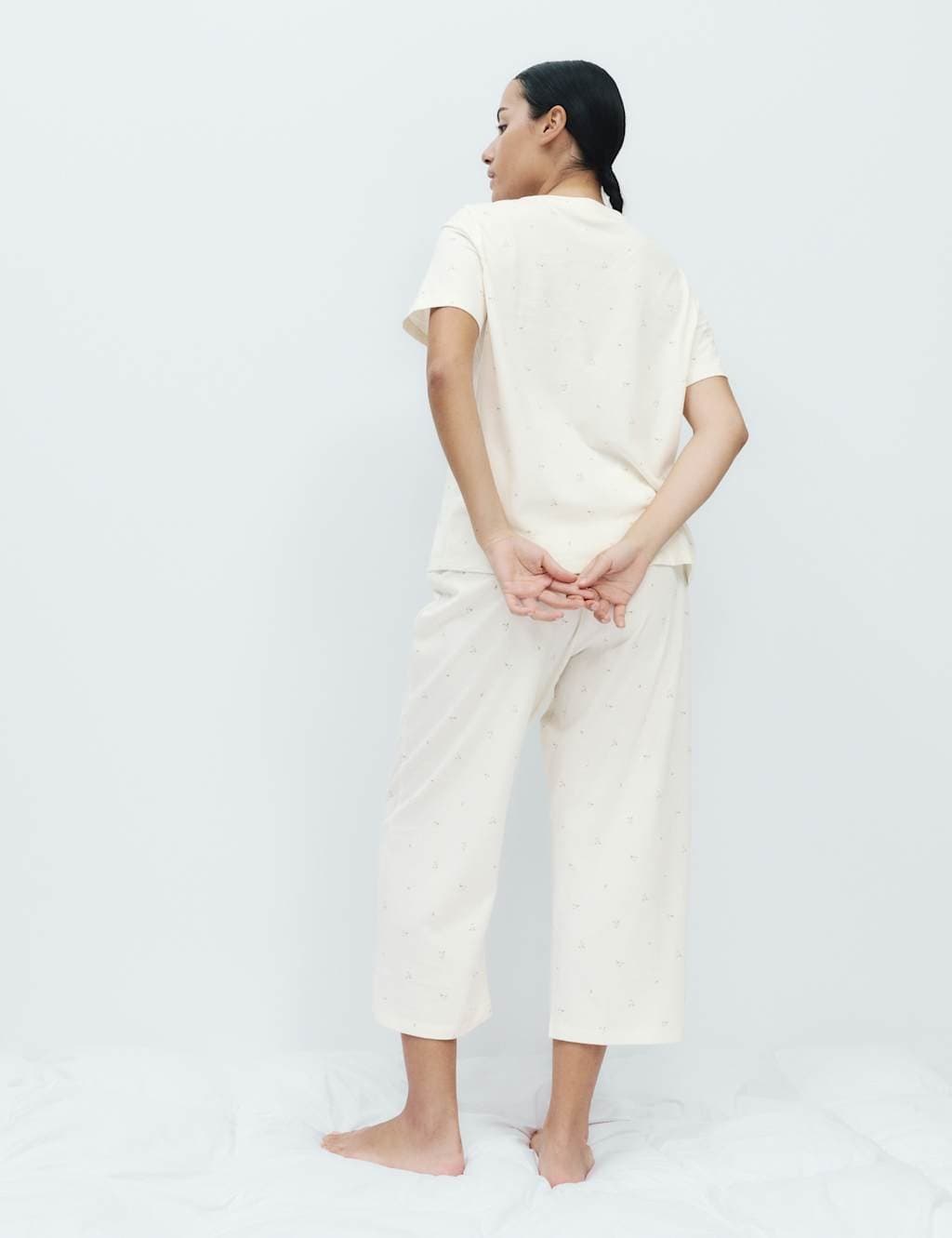 Marks & Spencer M&S Pure Cotton Printed Cropped Pyjama Set Ivory Mix - 4