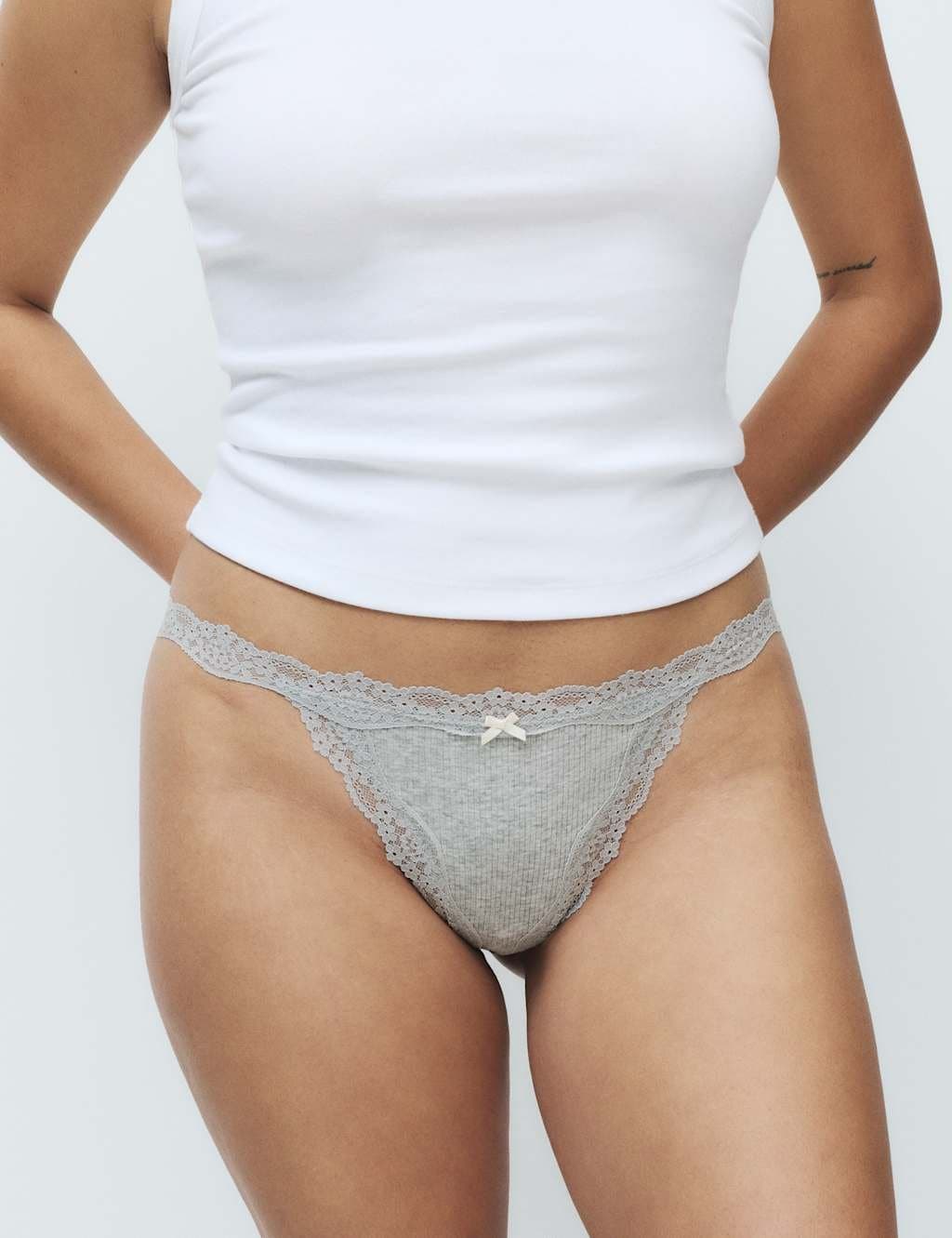 Marks & Spencer M&S 3 Pack Cotton Blend Rib Lace Thongs Grey Mix - 2