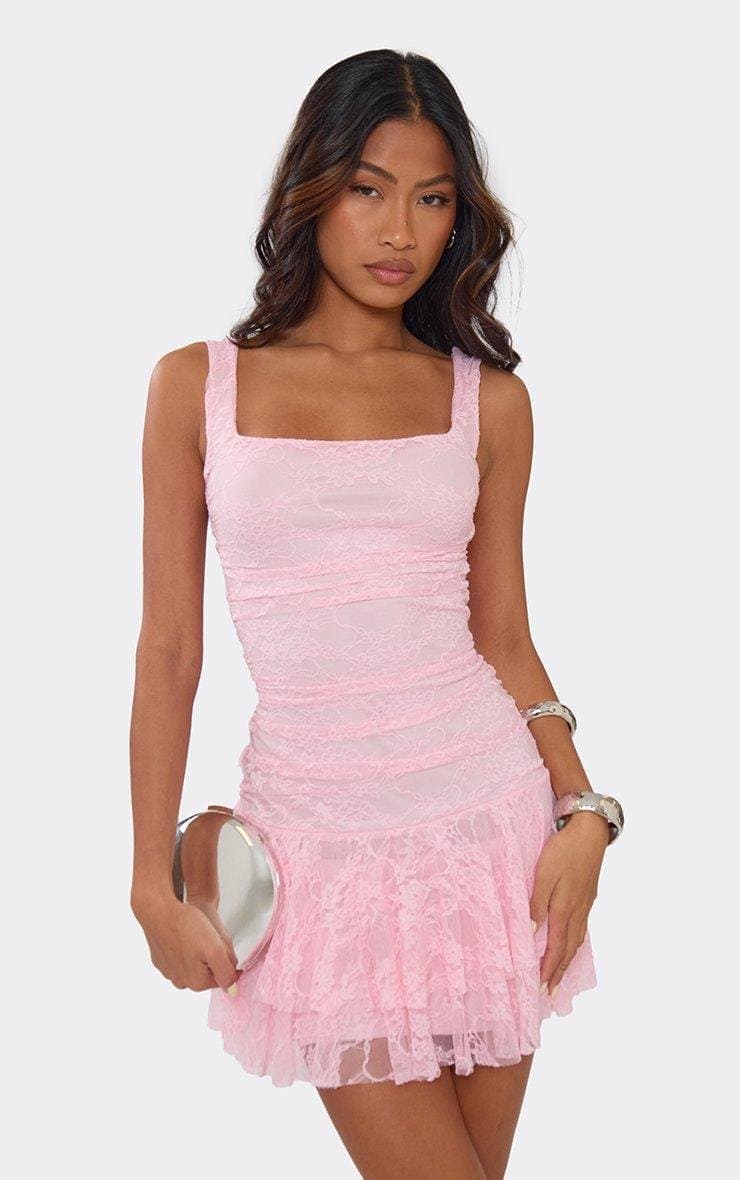 EGO Square Neck Frill Hem Detail Mini Dress In Pink Lace, Women's Size UK 6 - 2