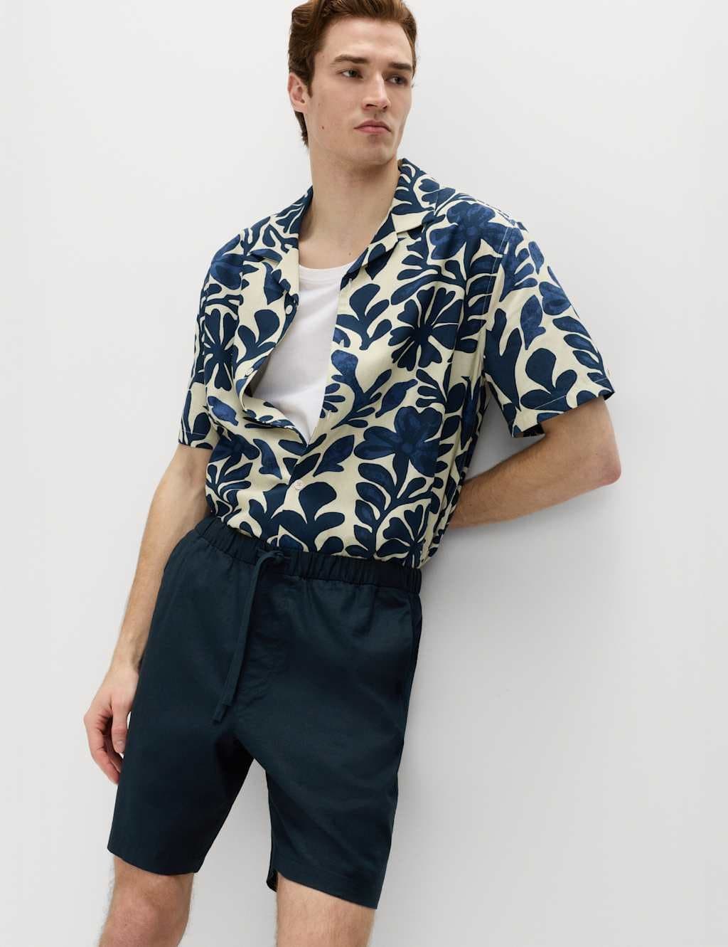 Marks & Spencer M&S Cotton Linen Blend Stretch Shorts Navy