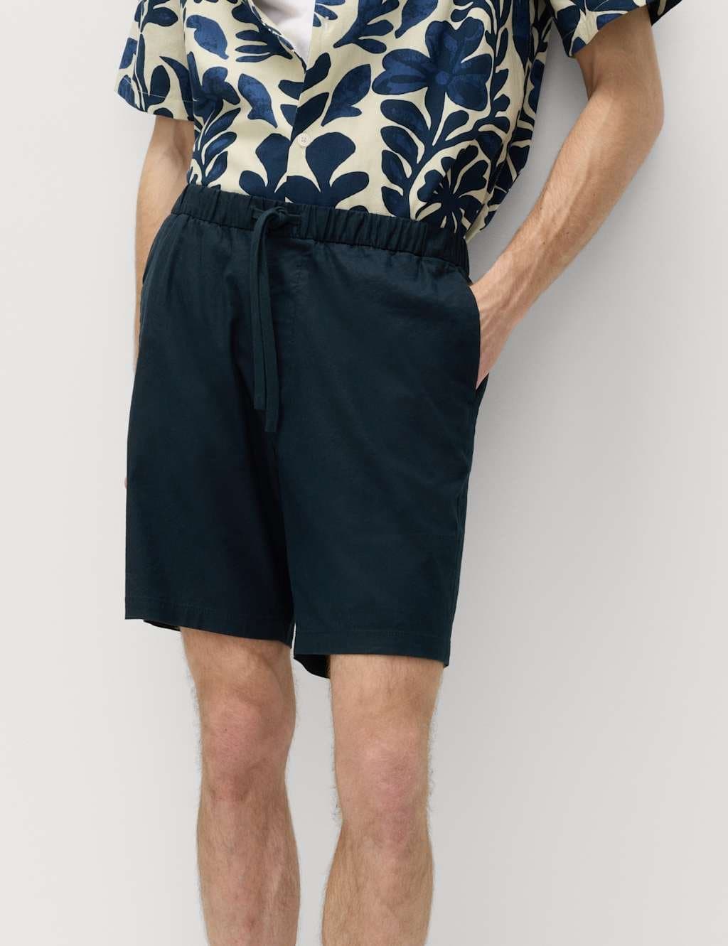 Marks & Spencer M&S Cotton Linen Blend Stretch Shorts Navy - 2