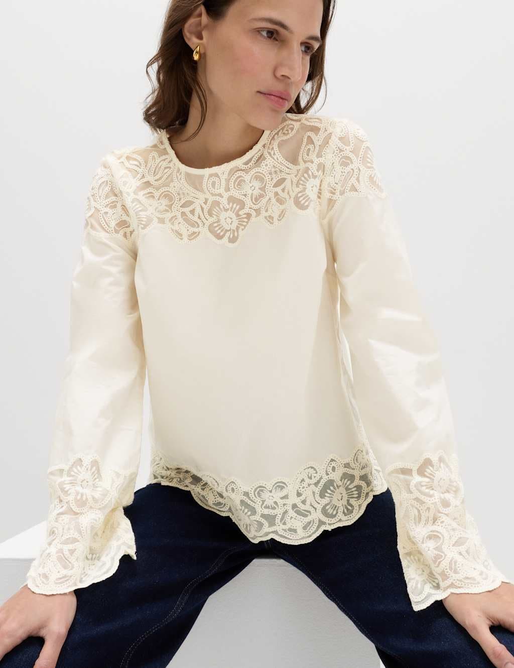 Marks & Spencer M&S Pure Cotton Embroidered Cutwork Top Ivory