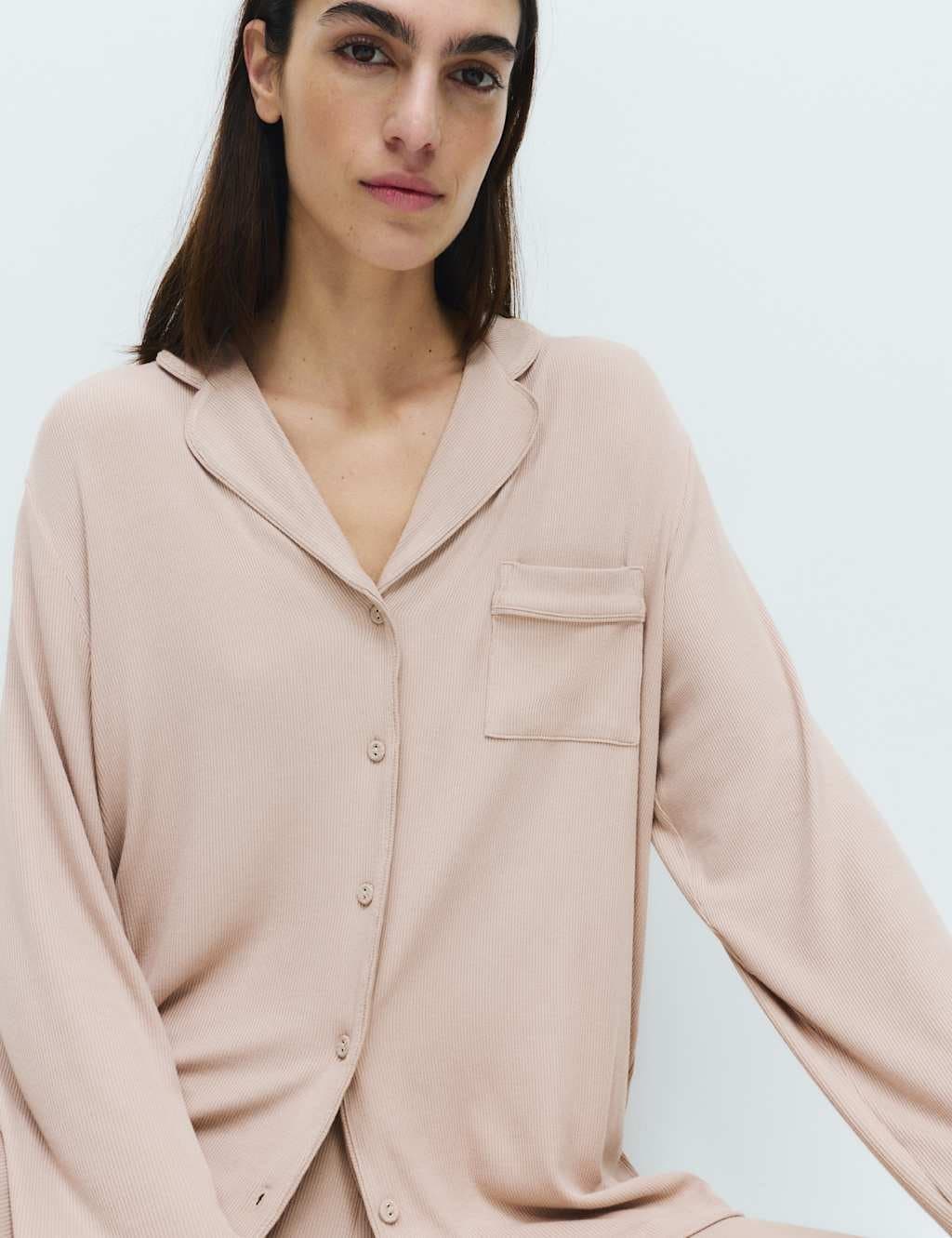 Marks & Spencer M&S Rib Pyjama Set Fawn - 4