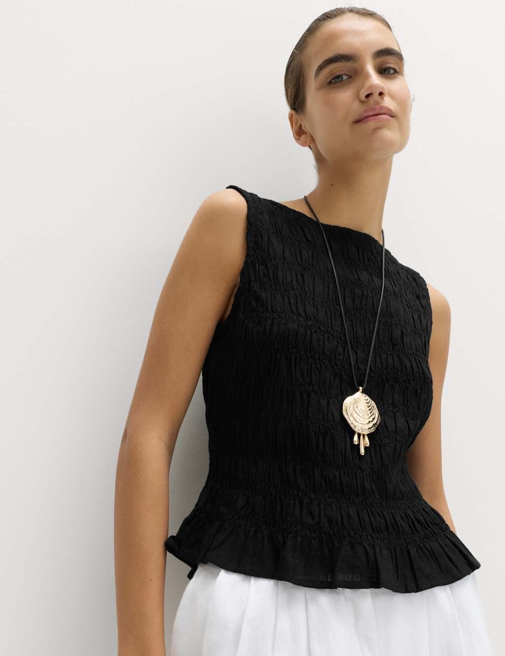 Marks & Spencer M&S Slash Neck Shirred Top with Linen Black